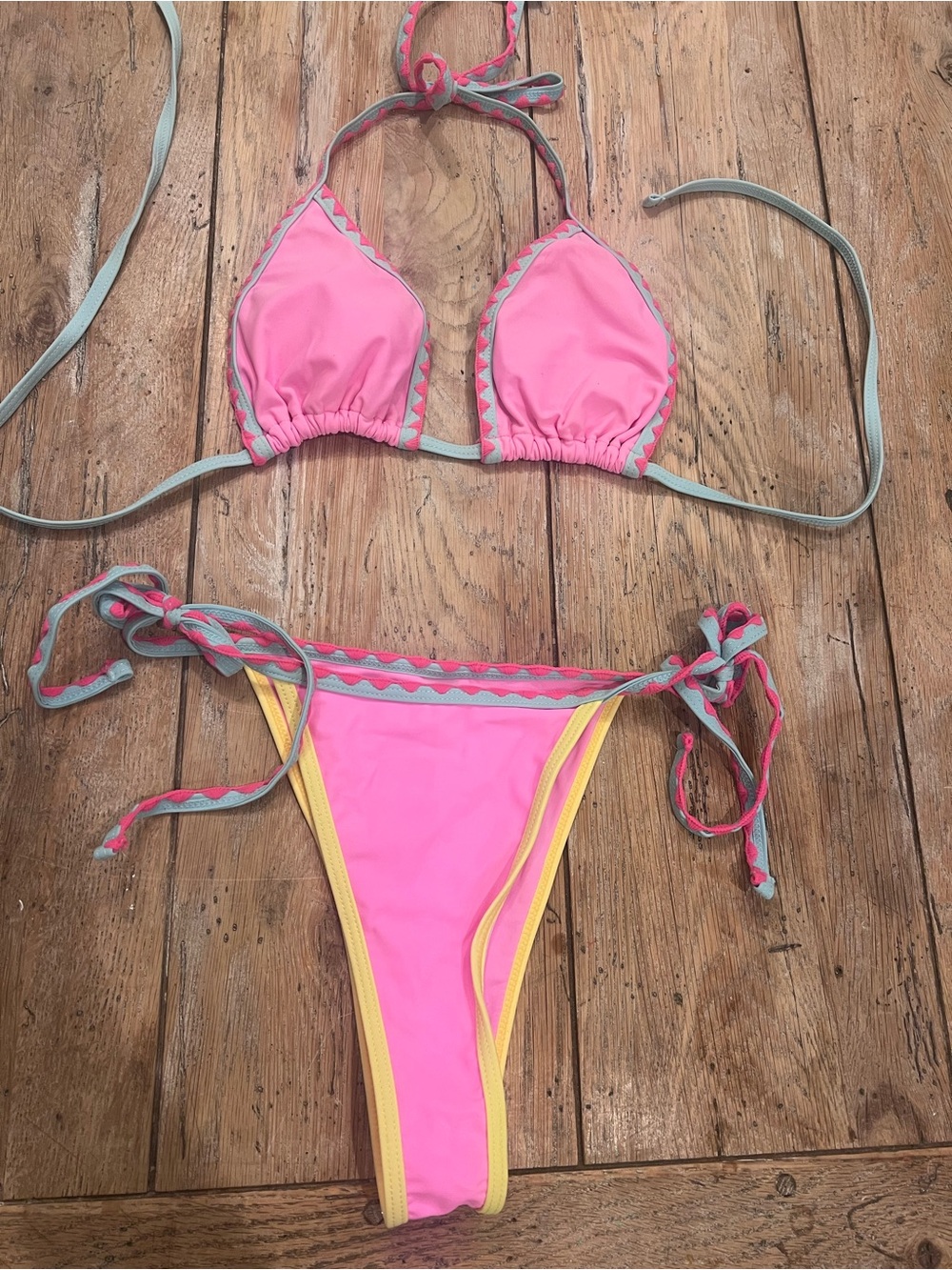 Women’s Pink/Gray/Yellow Solid Triangle Halter Lace-Up Bikini 2pc Size S